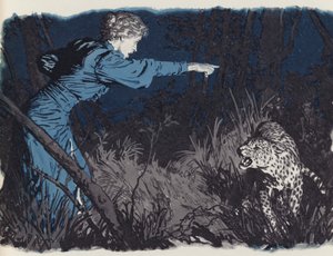 Mary Kingsley trodser en leopard på fri fod af English School